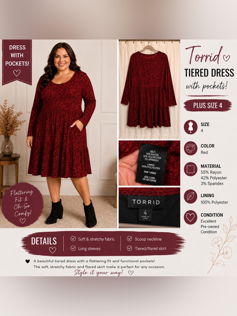 torrid Burgundy Red Tiered Long Sleeve Dress
